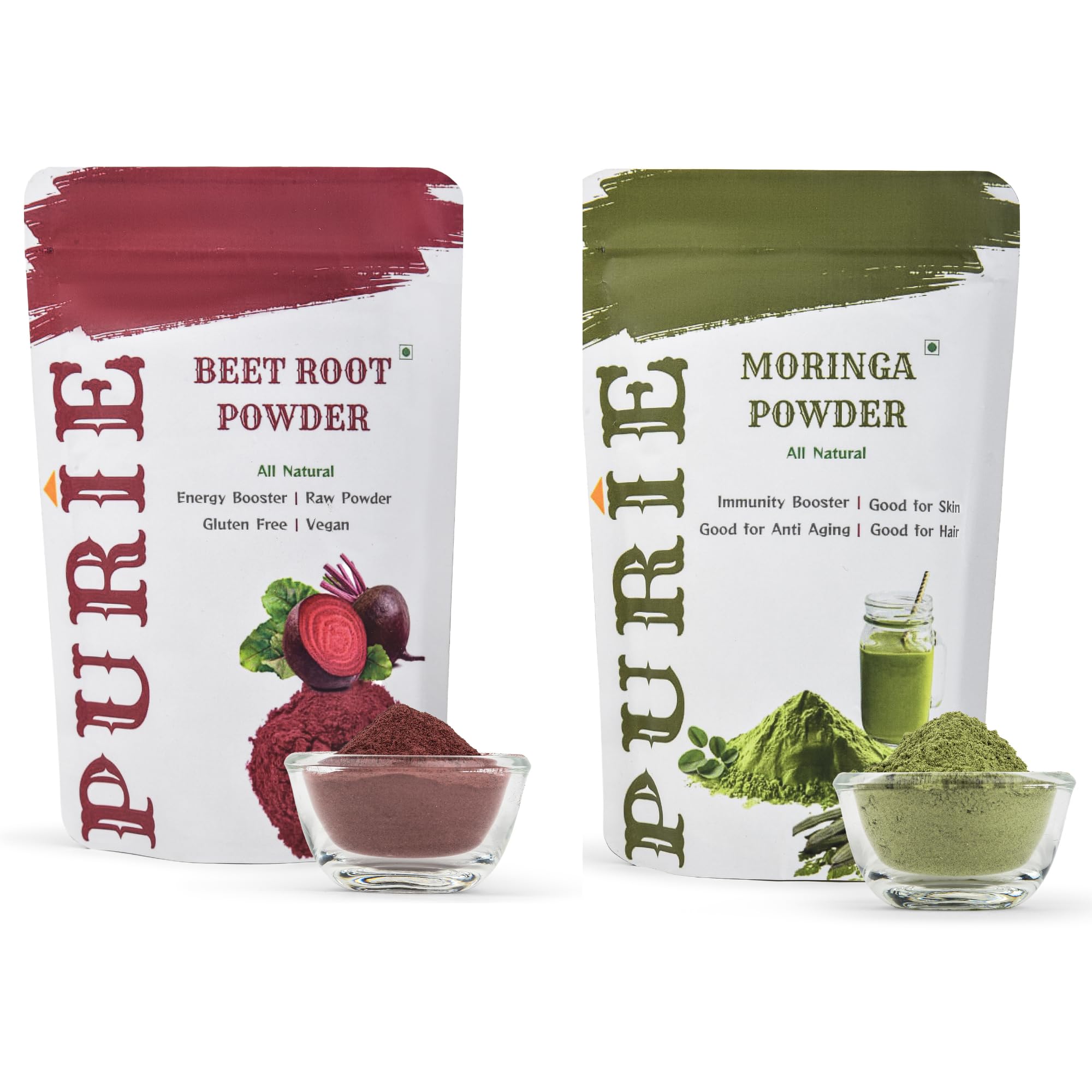 PURIE Beetroot Powder & Moringa Powder Combo Pack 200g | Immunity Booster | 100% Natural Multivitamin | Antioxidant Rich | Good for Hair & Skin | Protein Rich